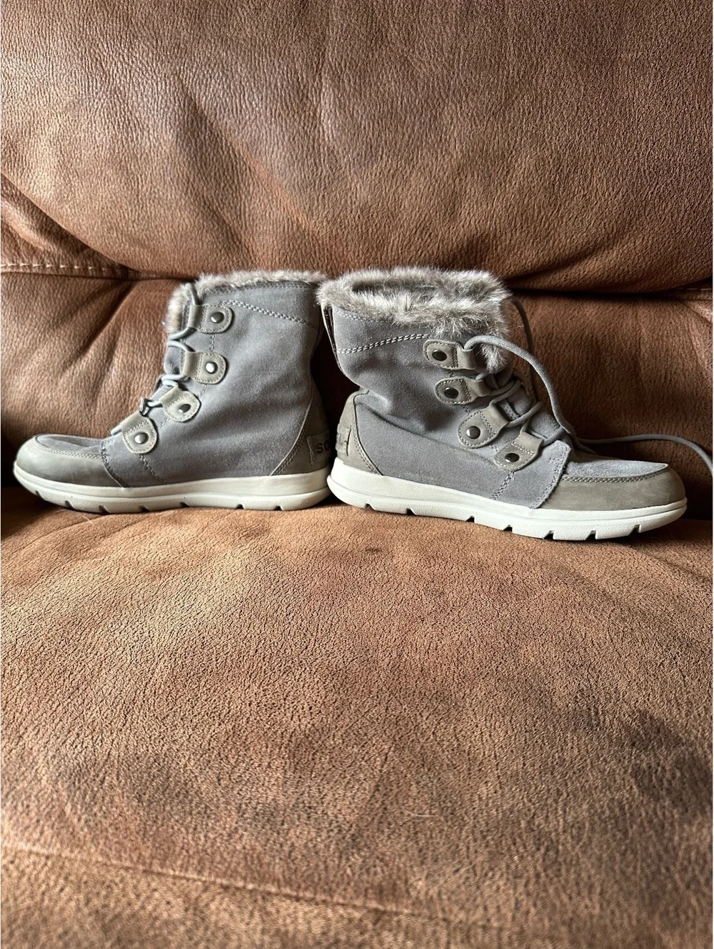 Sorel Explorer Joan Waterproof Winter Boots Grey Suede Faux Fur Women's 7.5